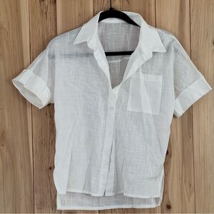 Women’s White Short-Sleeve Linen Blend Button-Up Shirt